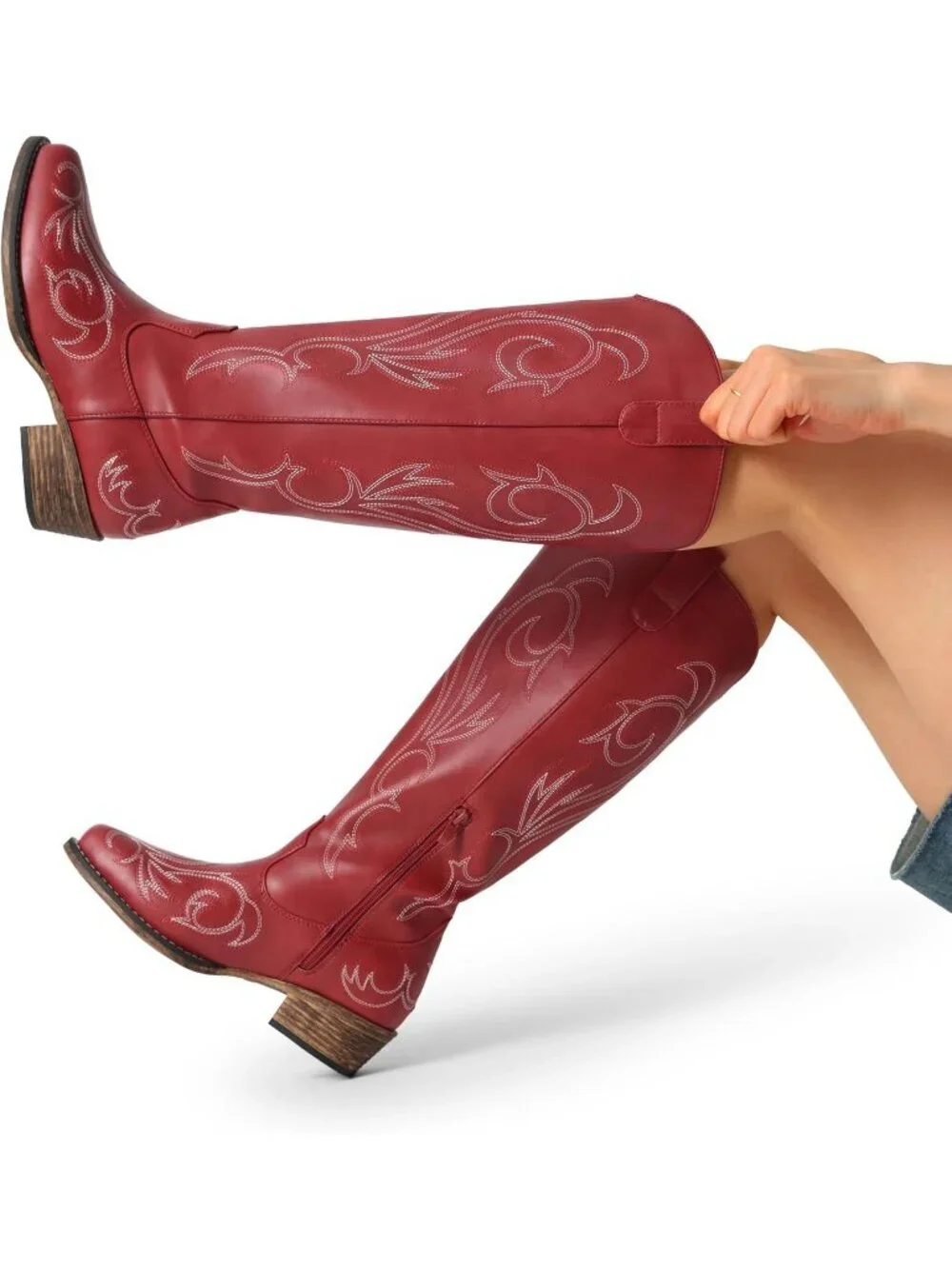 Women's Red Rubber Cowgirl Knee High Pointed Toe Block Heel Embroiderd Boots